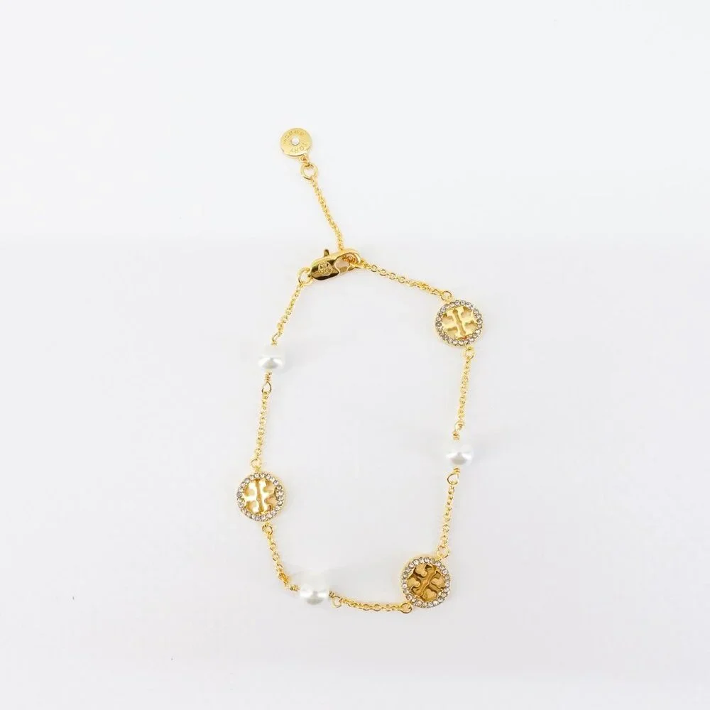 Tory Burch Crystal Logo & Imitation Pearl Station Bracelet Ivory/Tory Gold OS